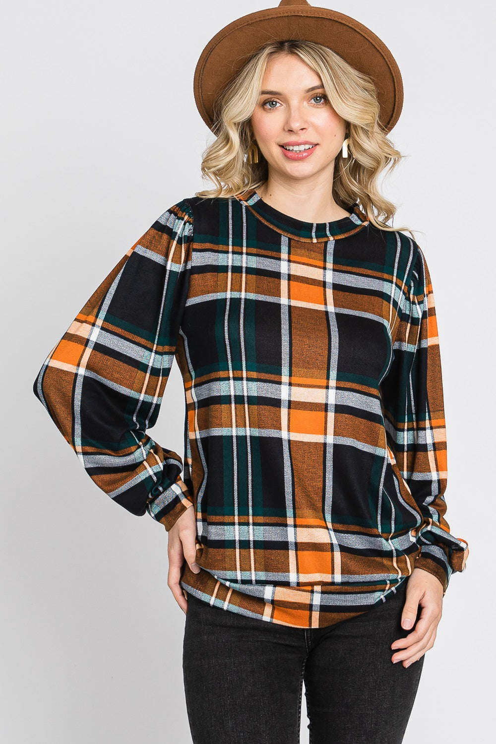 Long puff sleeve plaid banded bottom knit orange top