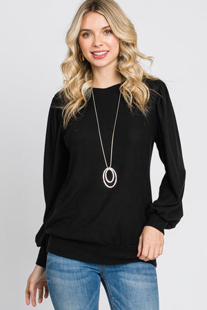 Puff sleeve banded bottom casual knit black top