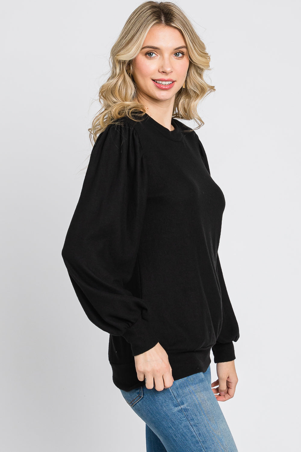 Puff sleeve banded bottom casual knit black top