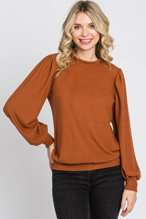 Puff sleeve banded bottom casual knit camel top