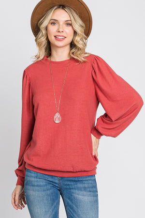 Puff sleeve banded bottom casual knit marsala top