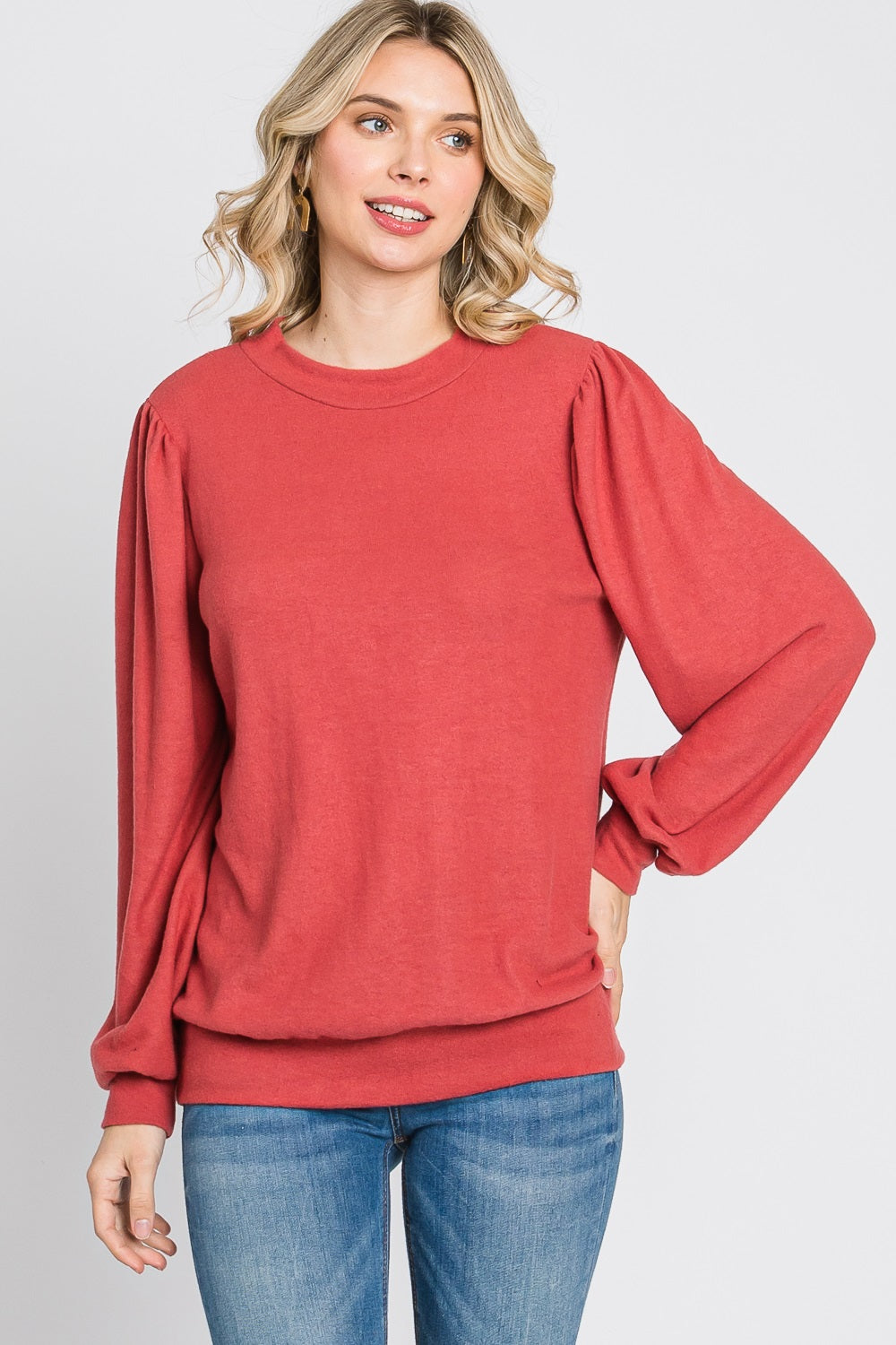 Puff sleeve banded bottom casual knit marsala top