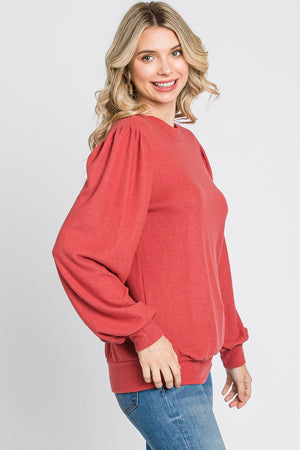 Puff sleeve banded bottom casual knit marsala top