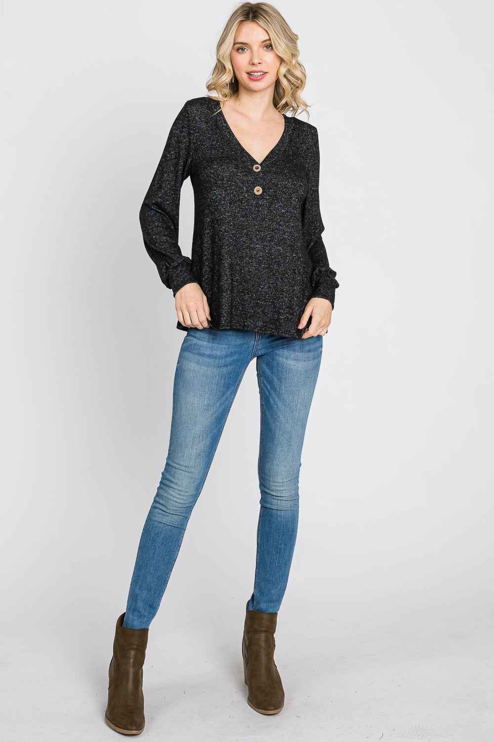 Long sleeve v neck button knit black top