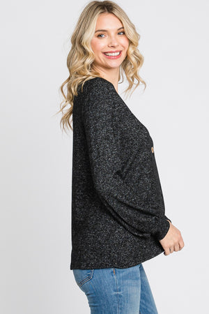 Long sleeve v neck button knit black top