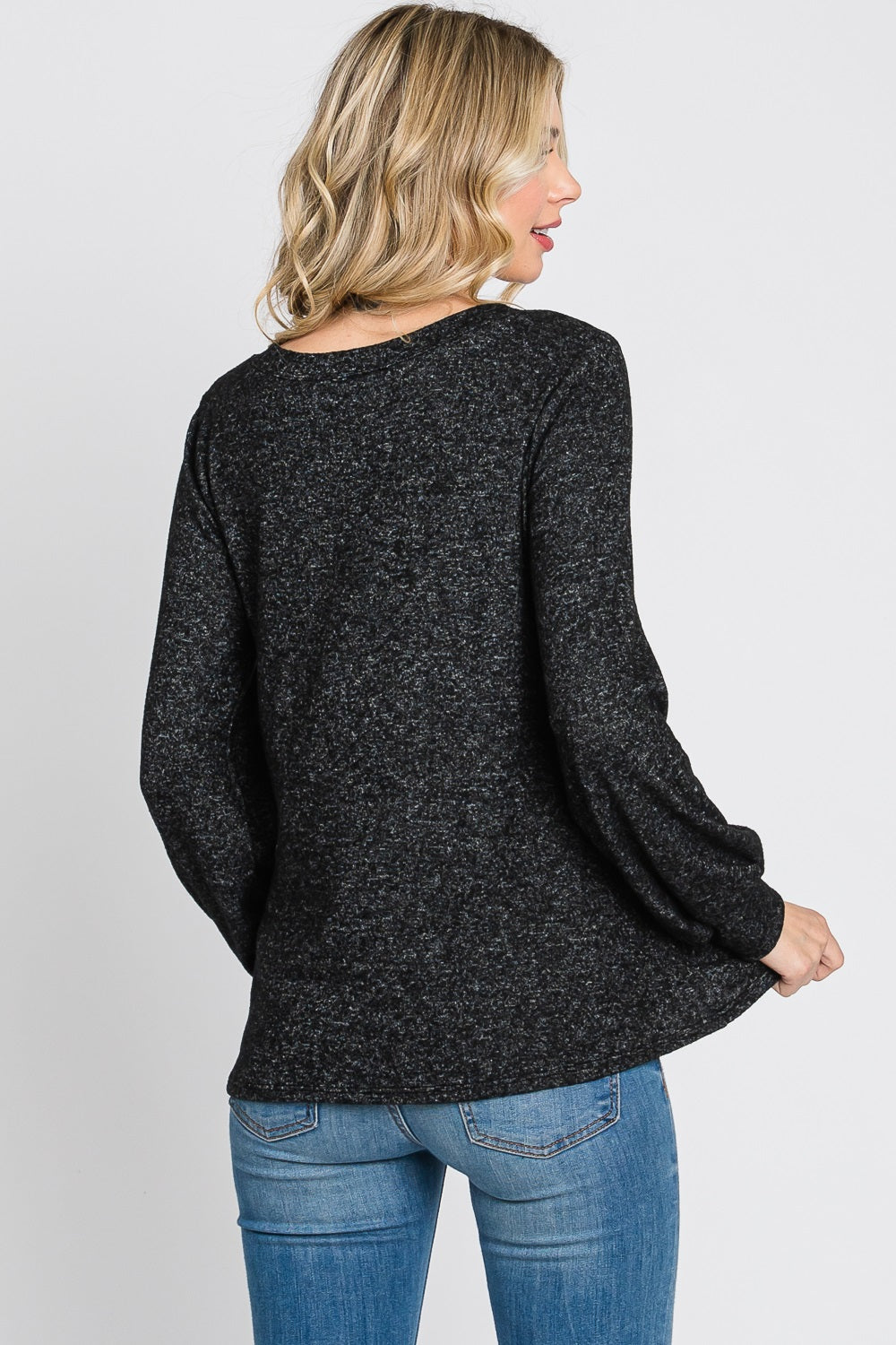 Long sleeve v neck button knit black top