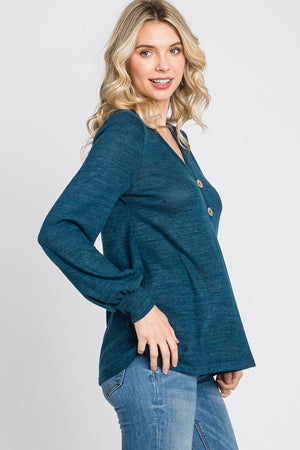 Long sleeve v neck button knit teal top