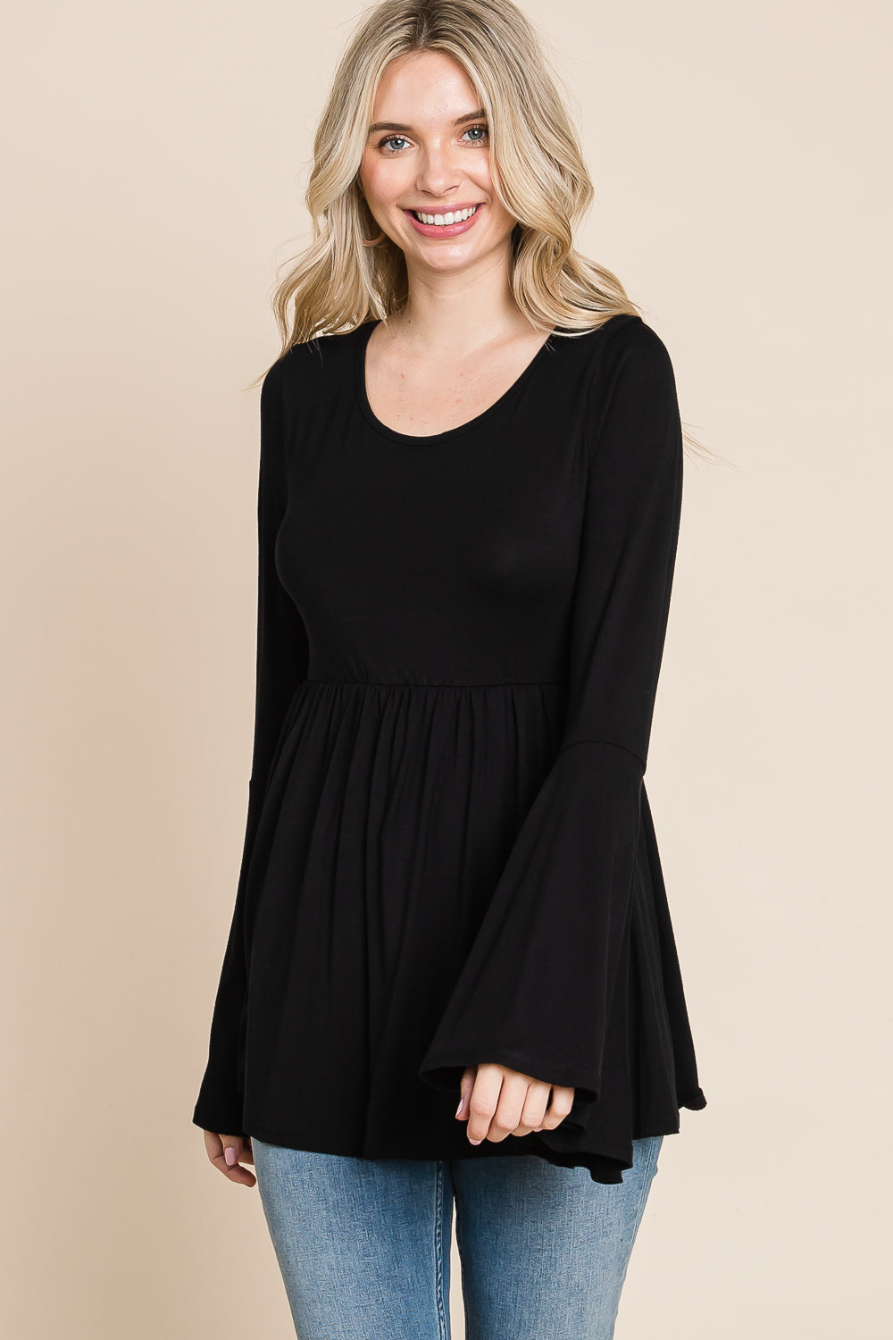 Bell sleeve scoop neck tie back black top