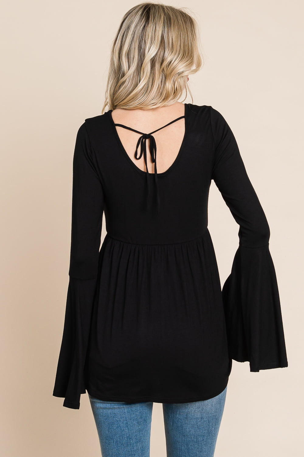 Bell sleeve scoop neck tie back black top