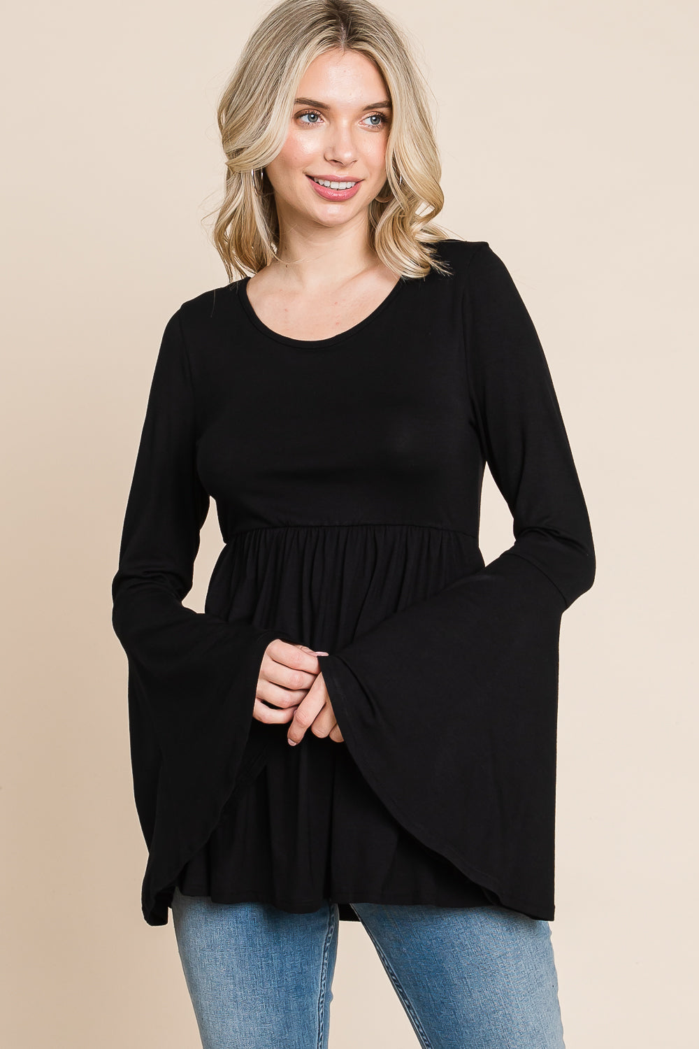 Bell sleeve scoop neck tie back black top