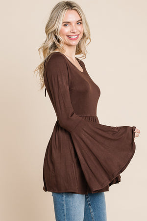 Bell sleeve scoop neck tie back brown top