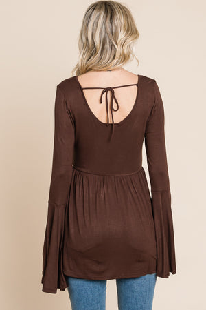 Bell sleeve scoop neck tie back brown top