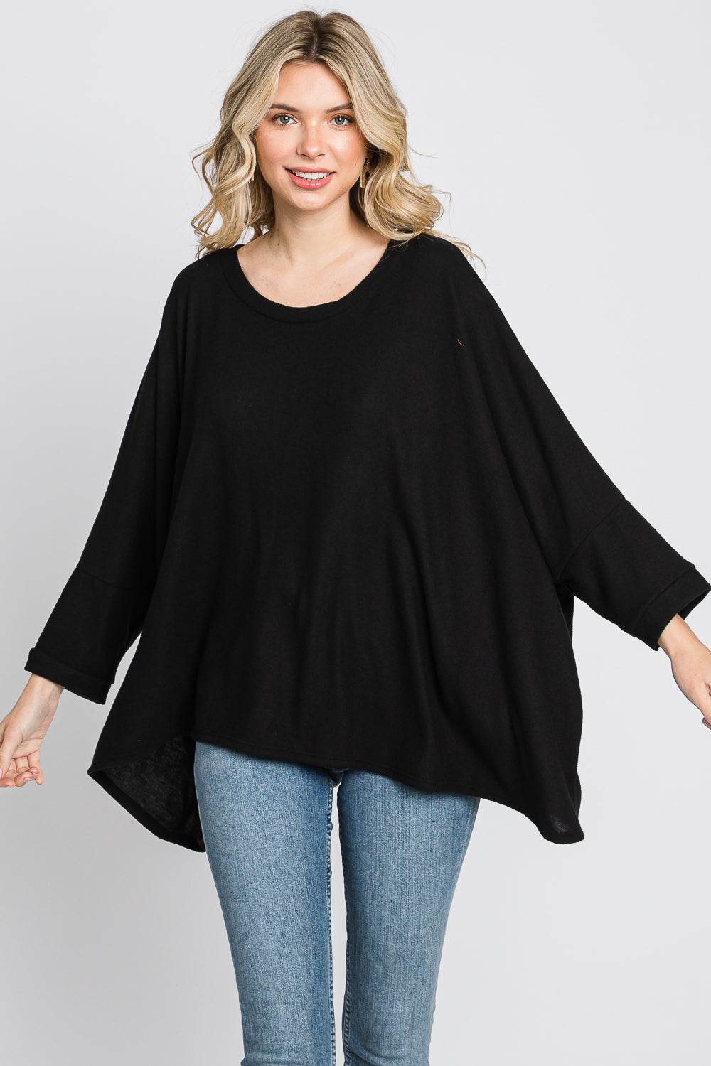 Scoop neck dolman sleeve sweater knit black top