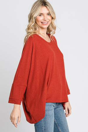 Scoop neck dolman sleeve sweater knit rust top