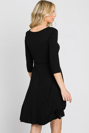 V neck 3/4 sleeve tie front black dress