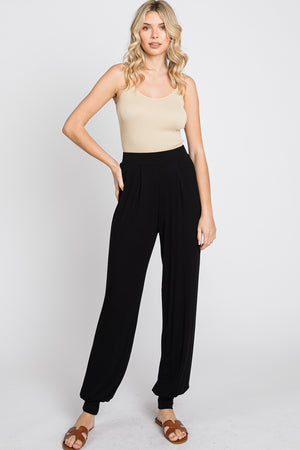 Elastic waist tapered long black pant