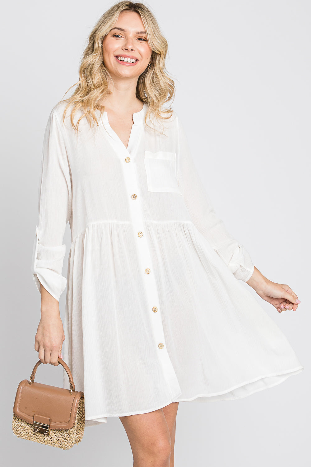 Long sleeve oversize gauze shirt ivory dress