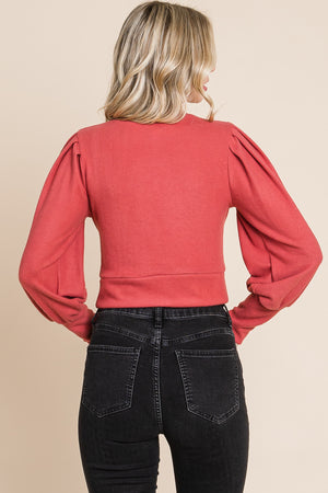 Long sleeve bubble sleeve crop marsala top