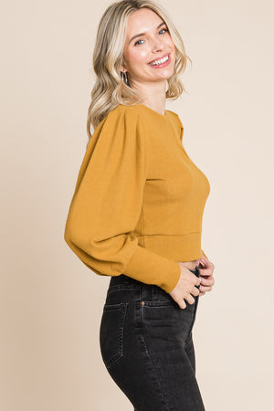 Long sleeve bubble sleeve crop mustard top