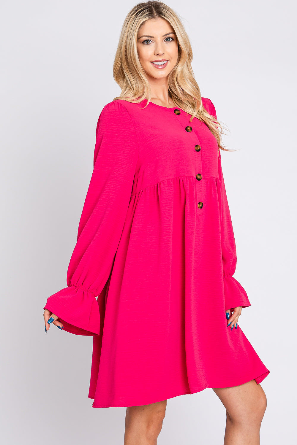 Long sleeve button down fuchsia dress