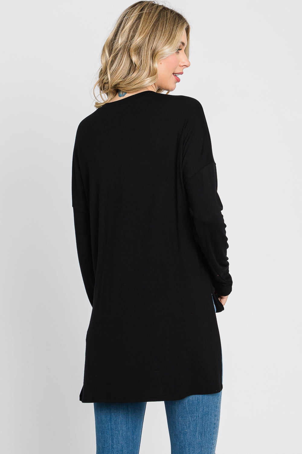 Long sleeve high low side slit jersey black top