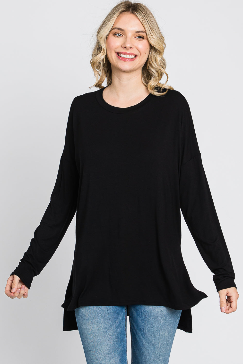 Long sleeve high low side slit jersey black top