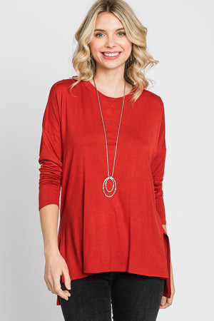 Long sleeve high low side slit jersey rust top