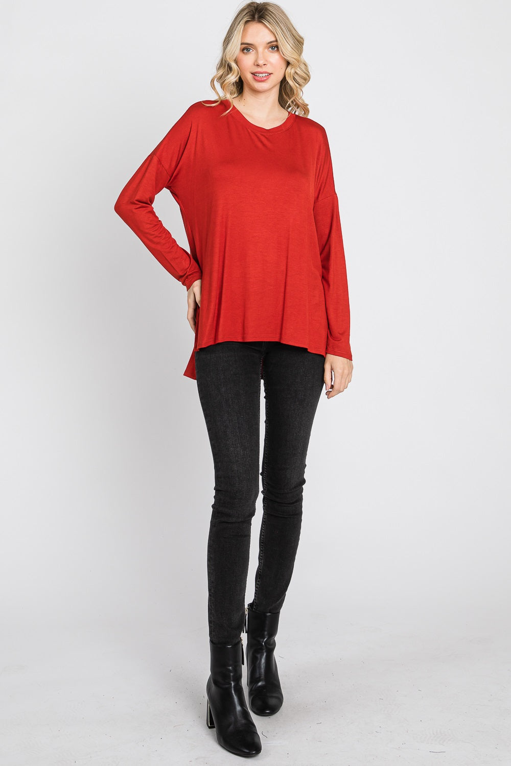 Long sleeve high low side slit jersey rust top