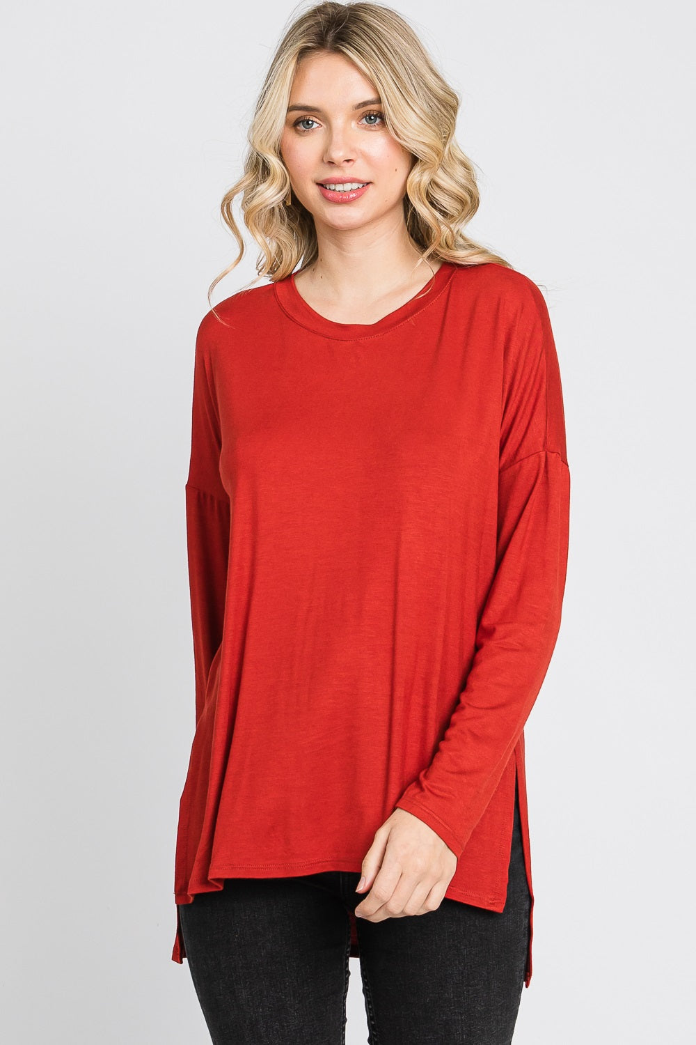 Long sleeve high low side slit jersey rust top