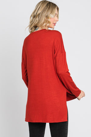 Long sleeve high low side slit jersey rust top