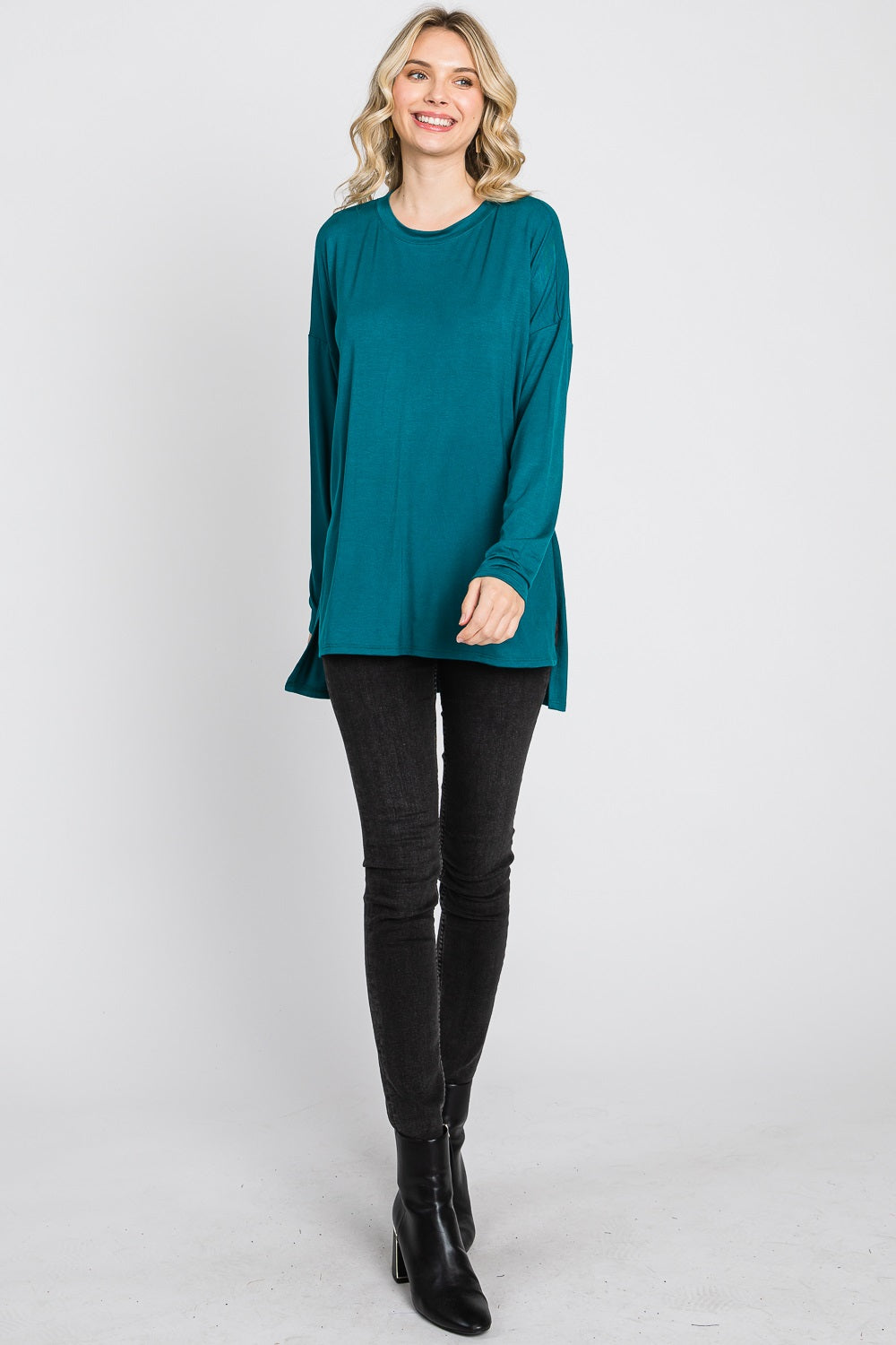 Long sleeve high low side slit jersey teal top