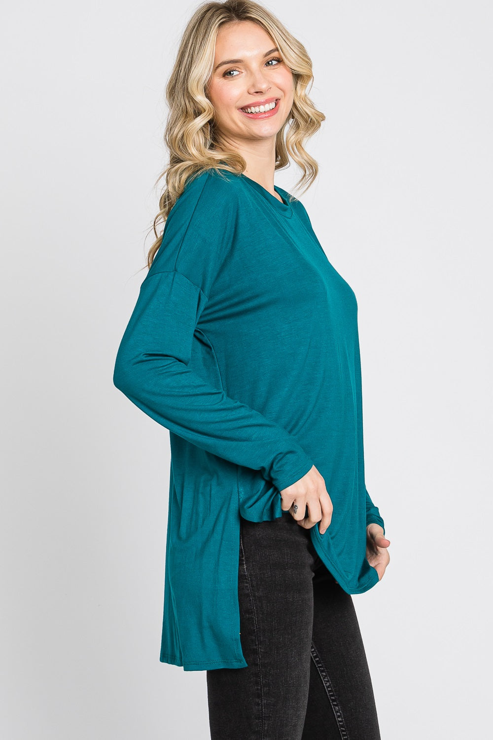 Long sleeve high low side slit jersey teal top