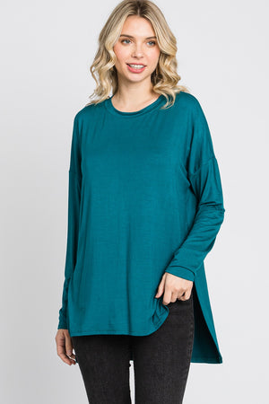 Long sleeve high low side slit jersey teal top