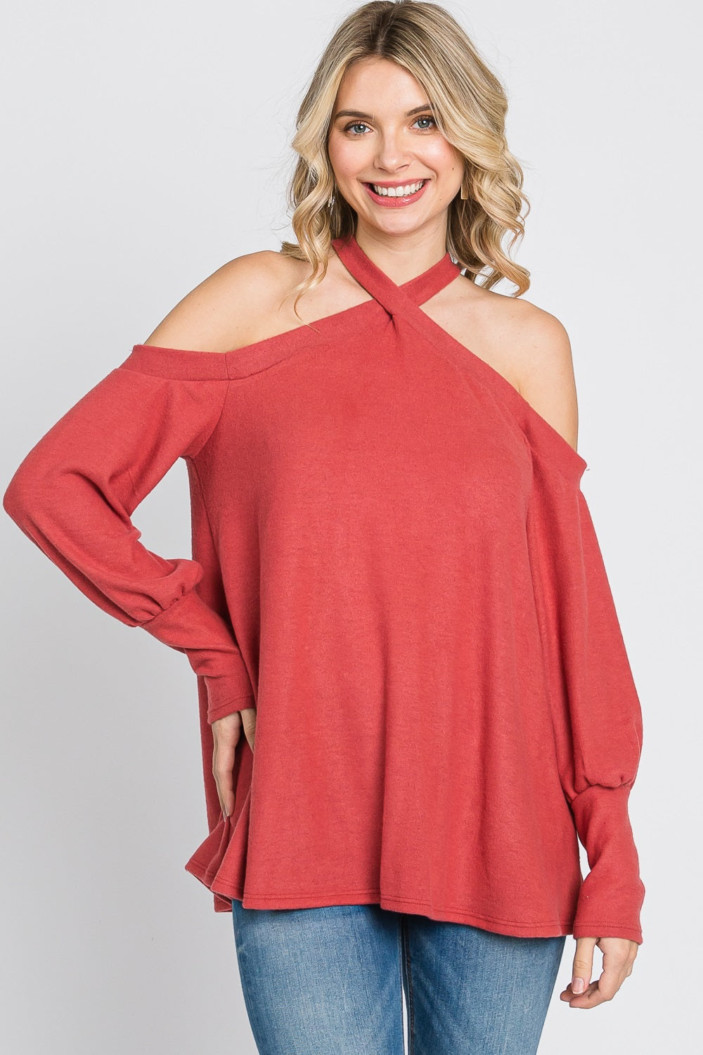 Cold shoulder cross neck sweater knit marsala top