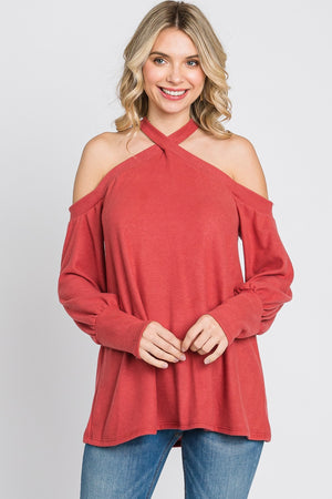 Cold shoulder cross neck sweater knit marsala top