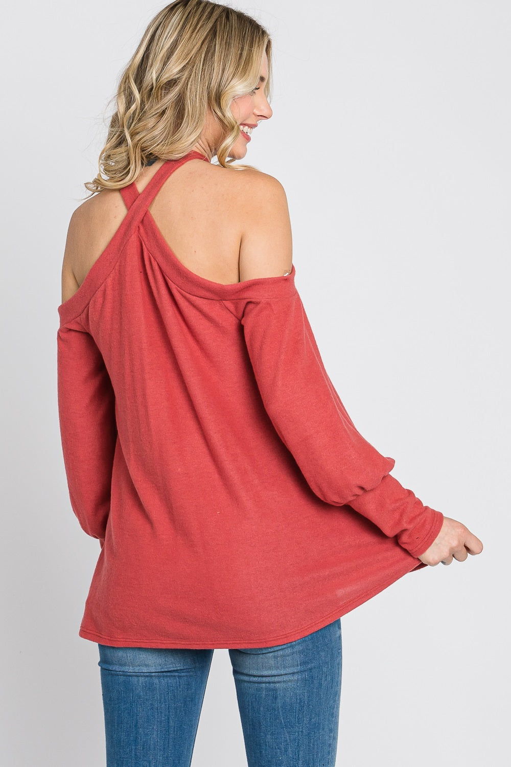 Cold shoulder cross neck sweater knit marsala top