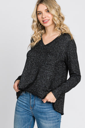 Long sleeve v neck pocket reserve stitch black top