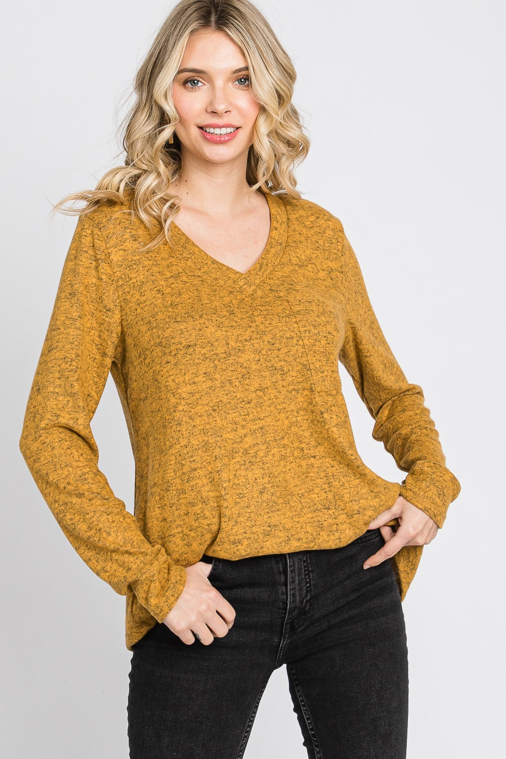 Long sleeve v neck pocket reserve stitch mustard top