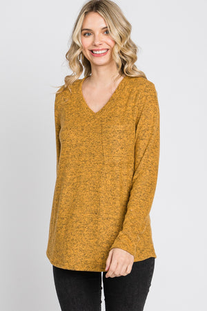 Long sleeve v neck pocket reserve stitch mustard top