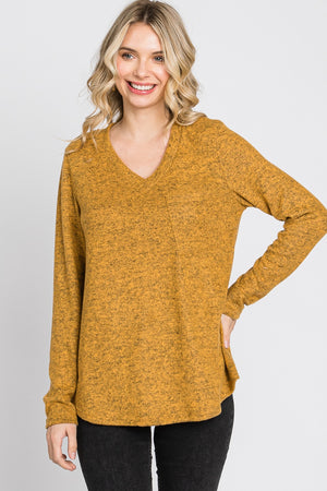 Long sleeve v neck pocket reserve stitch mustard top