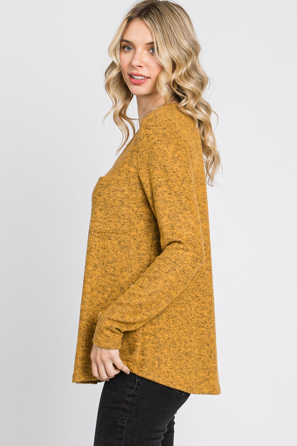 Long sleeve v neck pocket reserve stitch mustard top