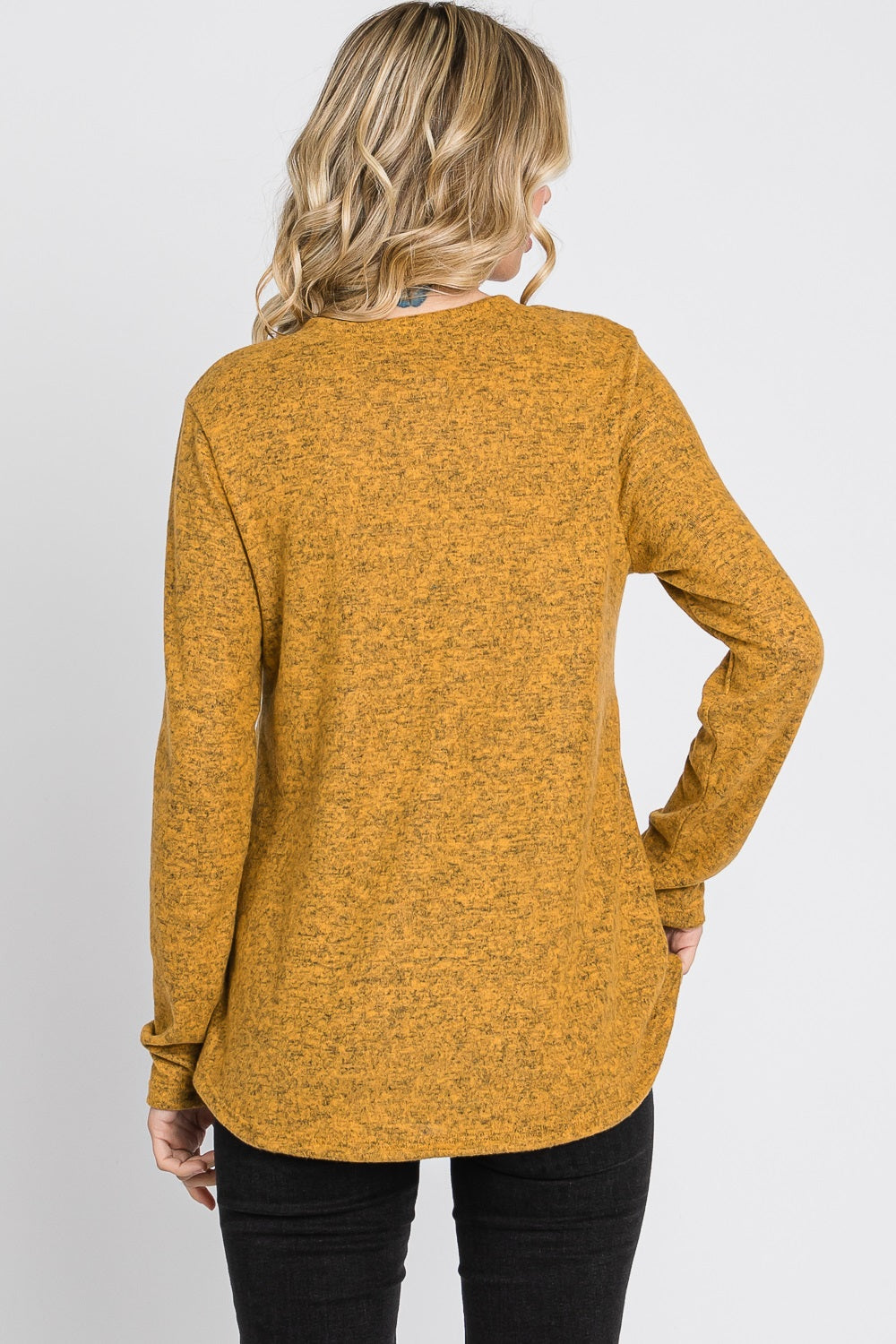 Long sleeve v neck pocket reserve stitch mustard top