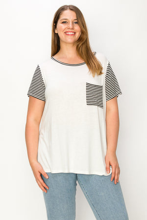 Plus size Short sleeve contrast stripe pocket tee