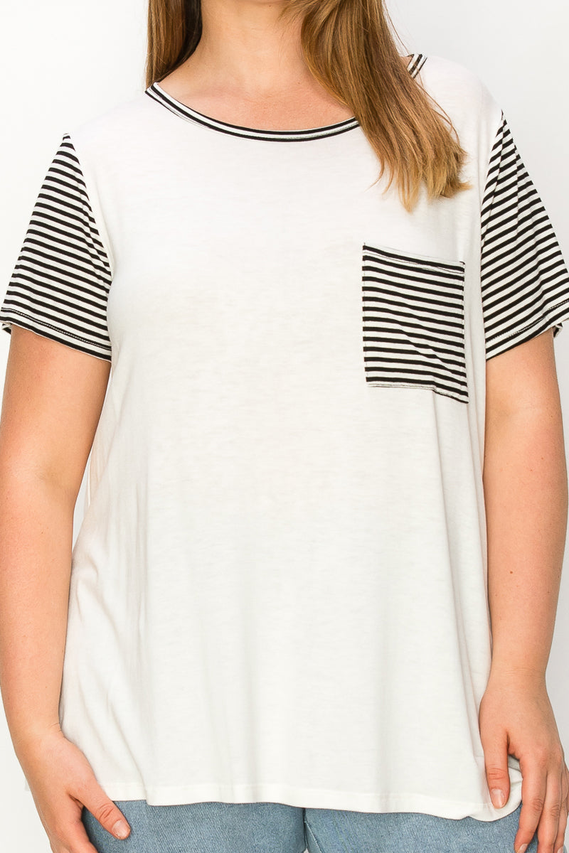 Plus size Short sleeve contrast stripe pocket tee