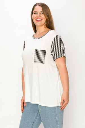 Plus size Short sleeve contrast stripe pocket tee