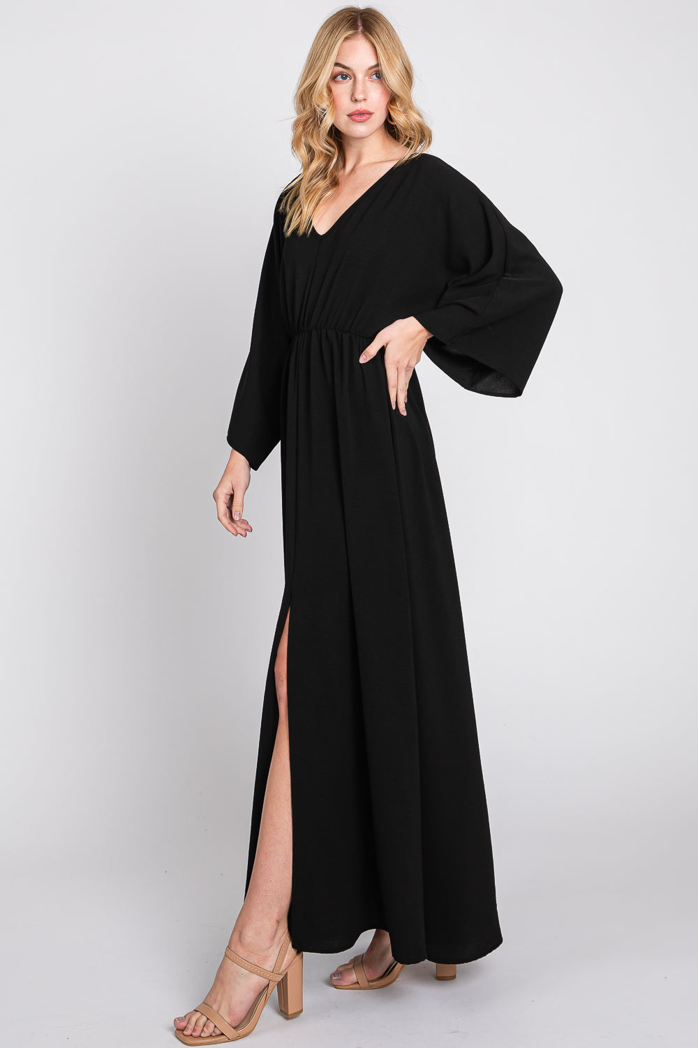 Dolman sleeve V neck open slit maxi dress