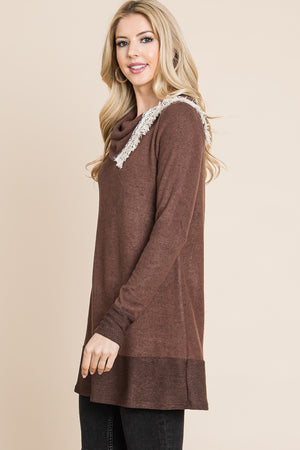 Long sleeve crochet neck tunic brown top