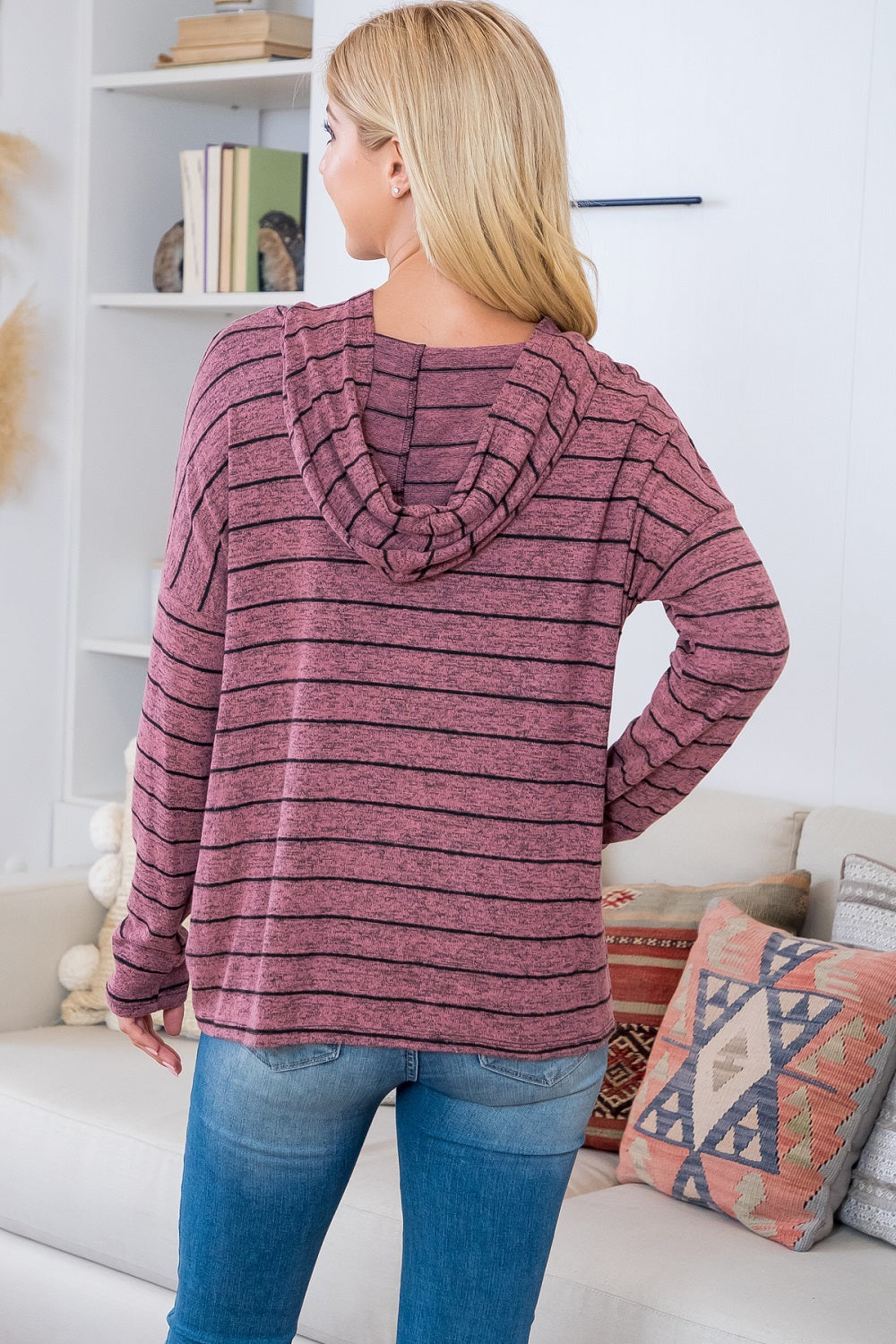 Long sleeve stripe hoody hacci tie front top