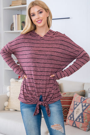 Long sleeve stripe hoody hacci tie front top