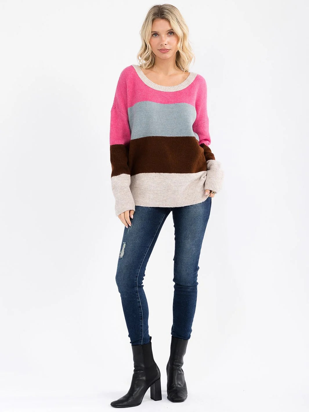 Women's Long Sleeve Color Block Round Neck Sweater